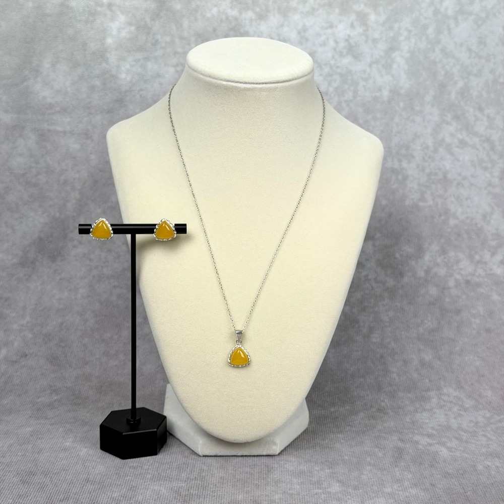 Yellow Jade Triangle Pendant Necklace and Stud Earrings Set Sterling Silver 18" - Picture 9 of 11